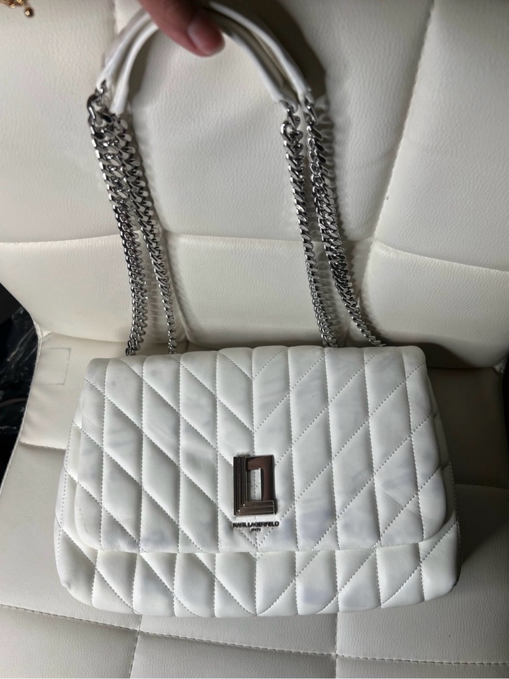 Karl Lagerfeld White Quilted Shoulder Bag with Silver Chain